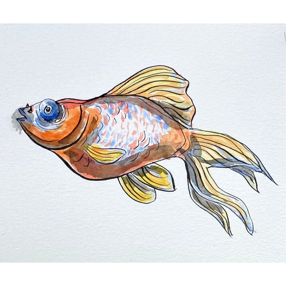 Chunky Goldfish 3 Original Watercolor Wall Art Painting 8x10in Matted FrameReady